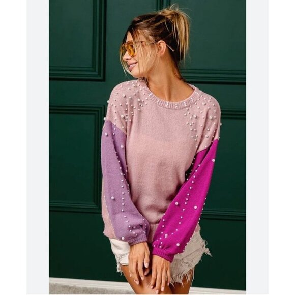 NWT BiBi Pink Pearl Embellished Chunky Knit Crewneck Oversized Sweater Small - Picture 1 of 4